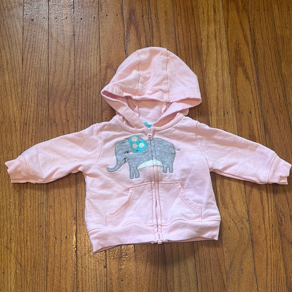 3 month, pink hoodie with elephant appliqué